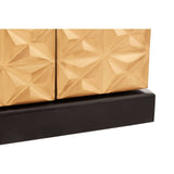 The bar cabinet features a textured gold front with a geometric pattern, complemented by a sleek black mango wood base. The design showcases a modern aesthetic, blending elegance with functionality