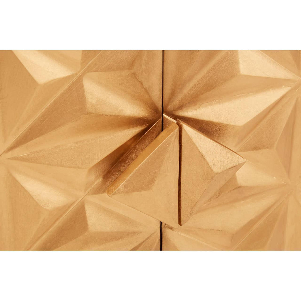 Textured gold and black mango wood surface of a bar cabinet, featuring a geometric design with sharp, angular folds and a smooth finish. The cabinet showcases a rich golden hue with contrasting black accents, emphasizing its modern and stylish aesthetic