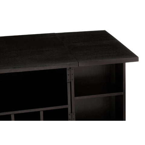 Top view of a bar cabinet featuring a sleek black finish with gold accents, showcasing a smooth surface and open shelving on the sides for storage. The cabinet is made from mango wood, highlighting its rich texture and modern design