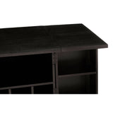 Top view of a bar cabinet featuring a sleek black finish with gold accents, showcasing a smooth surface and open shelving on the sides for storage. The cabinet is made from mango wood, highlighting its rich texture and modern design