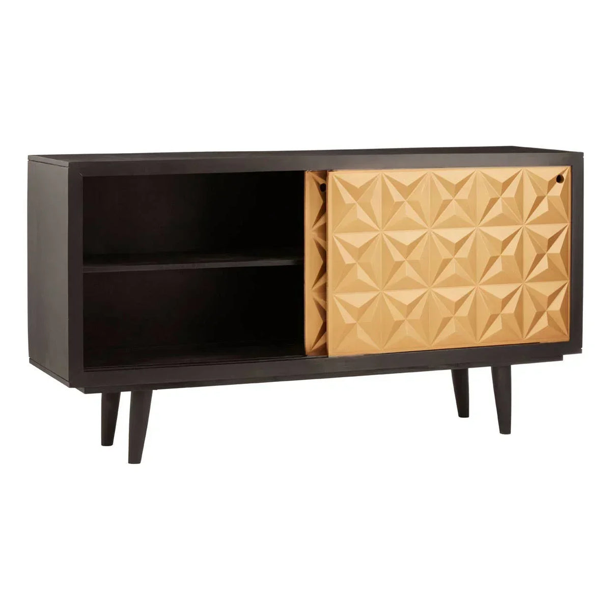 Black sideboard with geometric gold sliding door and open shelving on wooden legs