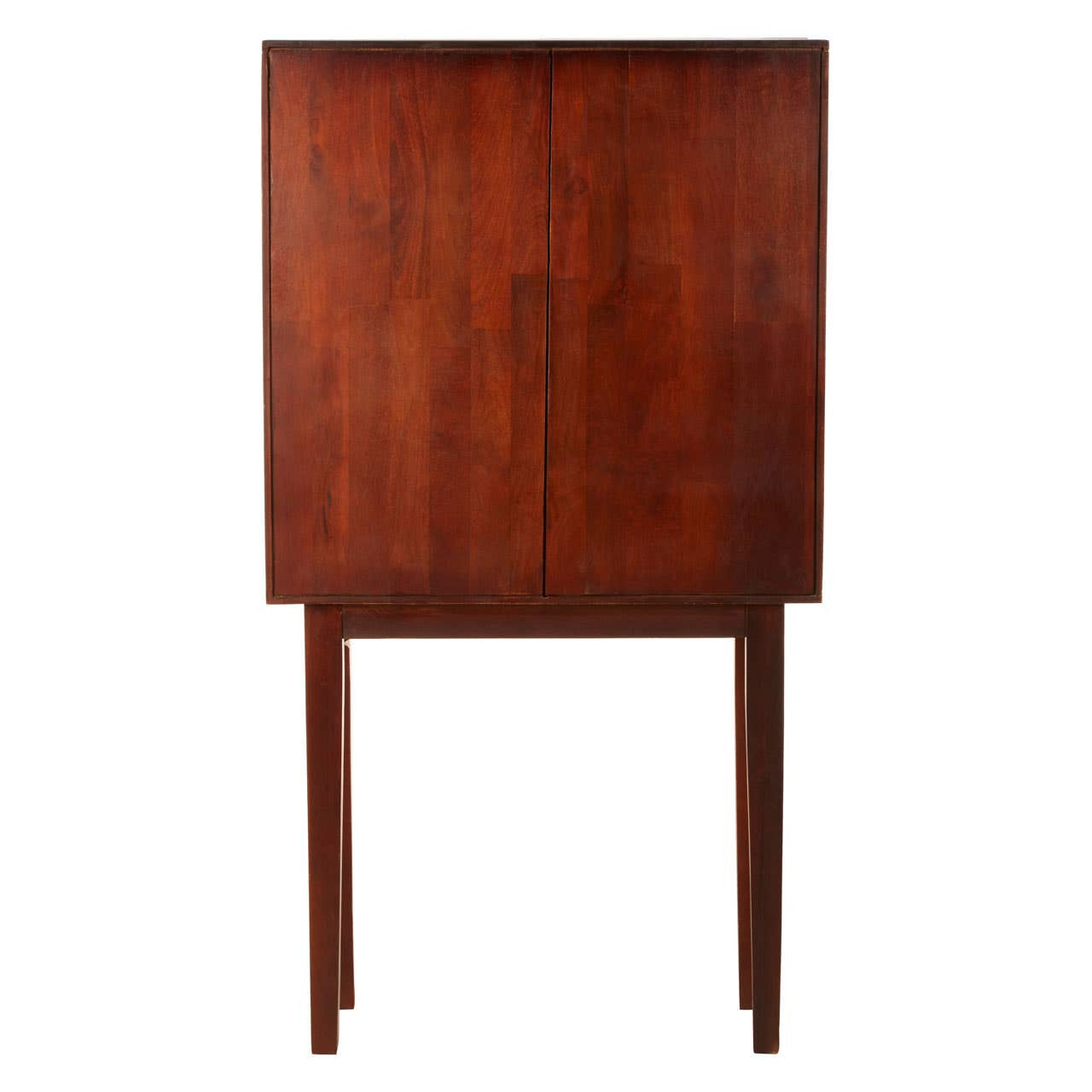 A tall cabinet made from mango wood with a rich brown finish, featuring a smooth surface and two doors that open to reveal storage space. The cabinet stands on four slender legs, giving it an elegant and modern look. The wood grain is visible, adding a natural texture to the design