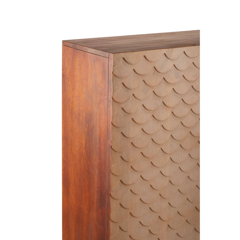 A close-up view of the Costal Carved Mango Wood Cabinet, showcasing the rich, warm tones of the mango wood and the intricately carved pattern on the cabinet's interior. The cabinet features a smooth, polished surface with a geometric design visible on the back panel