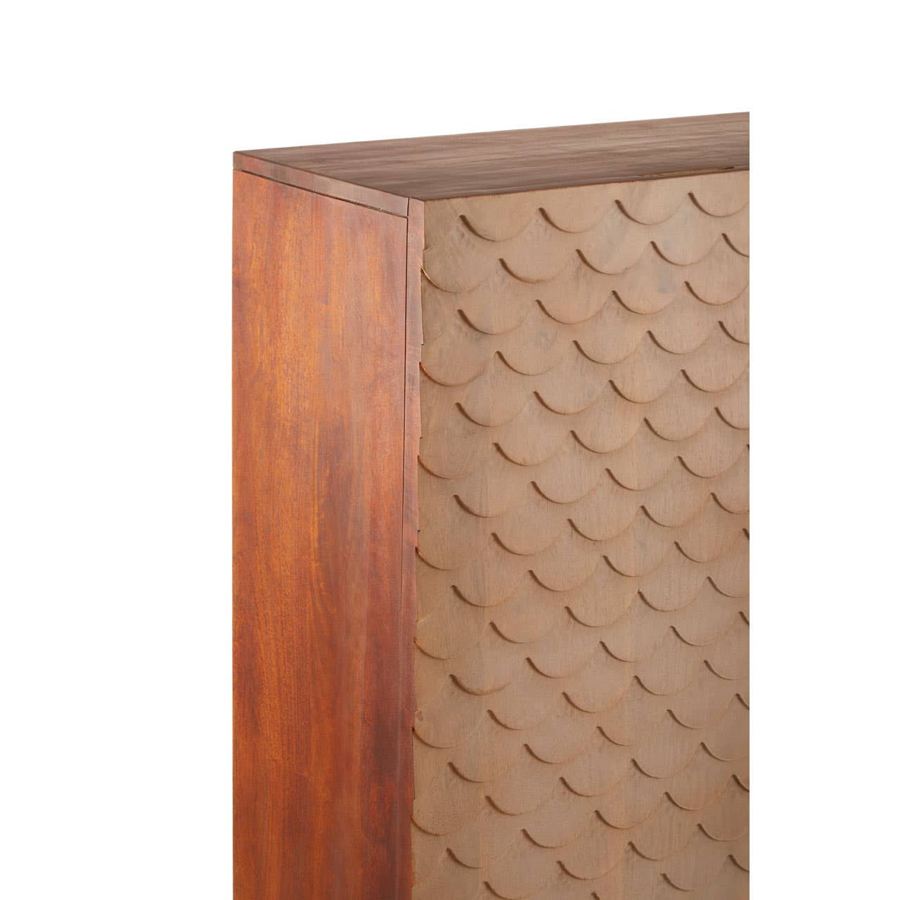 A close-up view of the Costal Carved Mango Wood Cabinet, showcasing the rich, warm tones of the mango wood and the intricately carved pattern on the cabinet's interior. The cabinet features a smooth, polished surface with a geometric design visible on the back panel