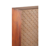 A close-up view of the Costal Carved Mango Wood Cabinet, showcasing the rich, warm tones of the mango wood and the intricately carved pattern on the cabinet's interior. The cabinet features a smooth, polished surface with a geometric design visible on the back panel