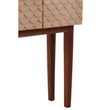Carved mango wood cabinet featuring a textured surface with a fish scale pattern, supported by four tapered wooden legs in a rich brown finish