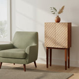 A coastal carved mango wood cabinet with a textured front design, standing on four wooden legs, next to a light green upholstered armchair. The cabinet is positioned against a wall with natural light streaming in from a nearby window, and a decorative vase with dried flowers sits on top of the cabinet. A neutral-toned rug is visible on the floor