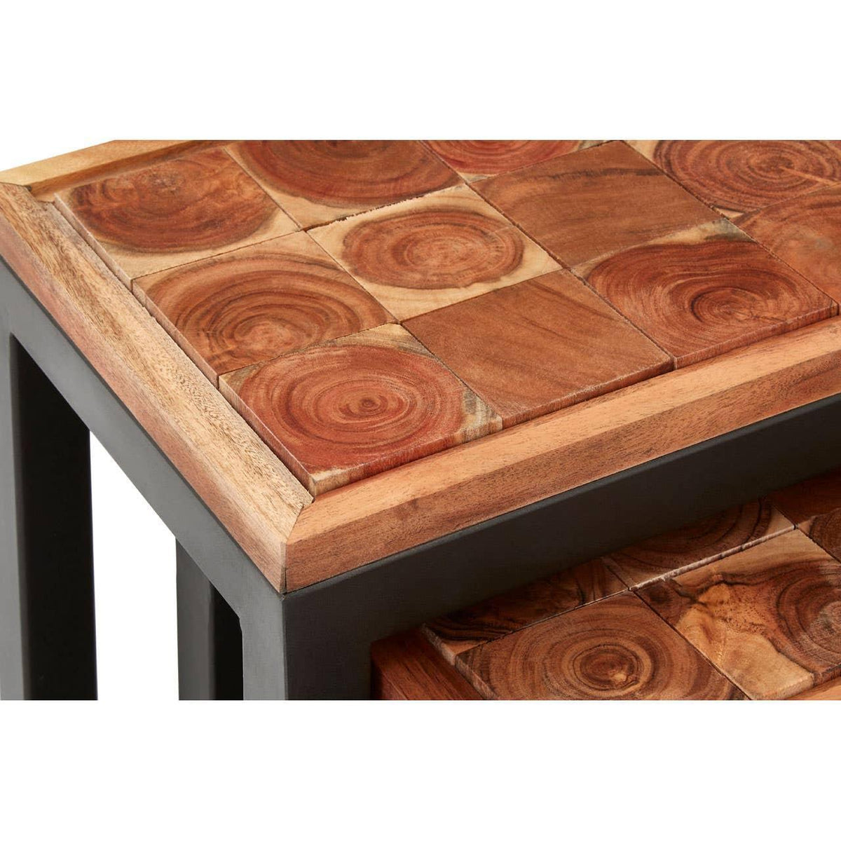 Wooden nest of tables with square wood tile tops and black metal frame, close-up view