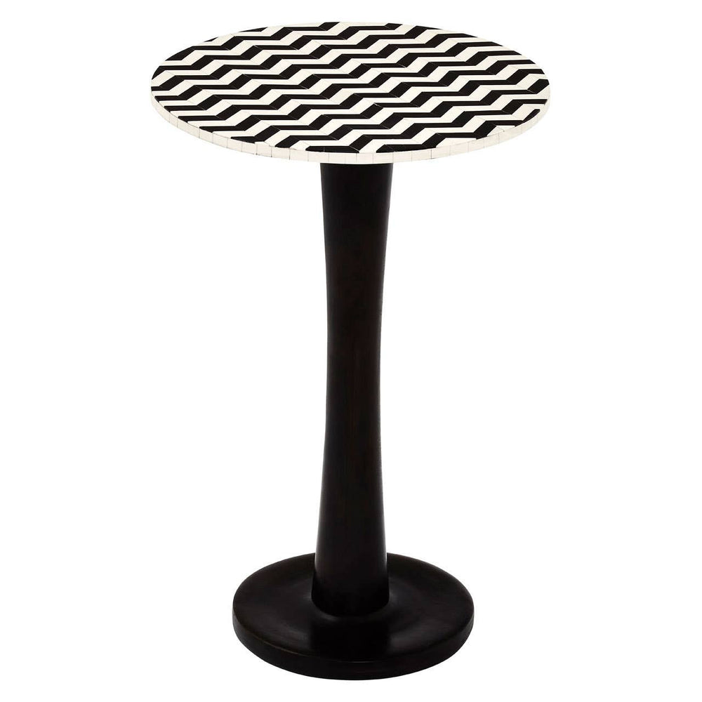 Round side table featuring a mosaic design on the top made of acacia wood, supported by a sleek black pedestal base. The table has a smooth, circular surface with a geometric pattern and a sturdy, rounded base for stability