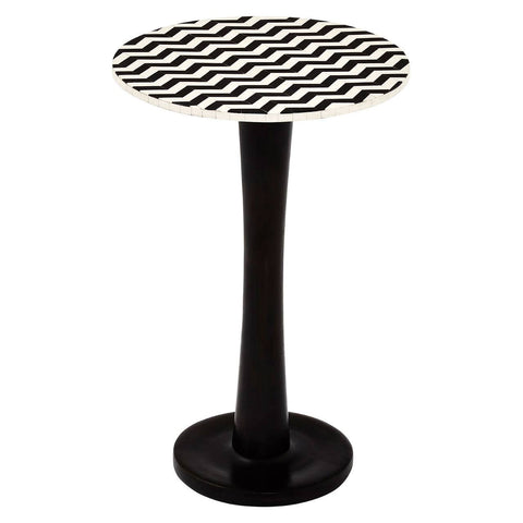 Round side table featuring a mosaic design on the top made of acacia wood, supported by a sleek black pedestal base. The table has a smooth, circular surface with a geometric pattern and a sturdy, rounded base for stability