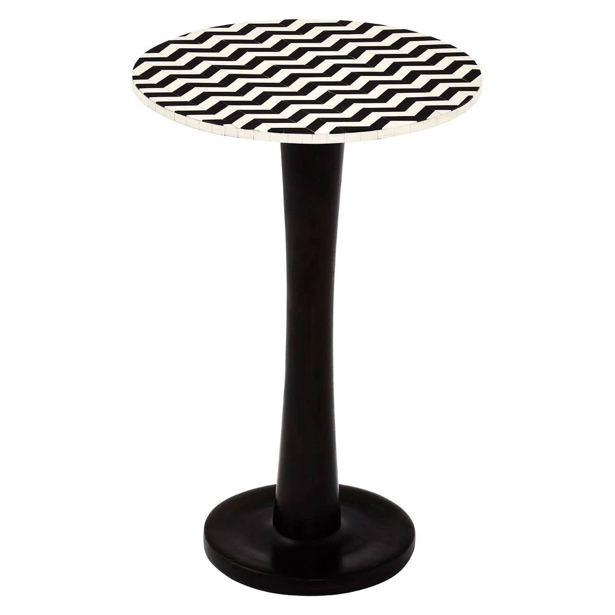 Round side table featuring a mosaic design on the top made of acacia wood, supported by a sleek black pedestal base. The table has a smooth, circular surface with a geometric pattern and a sturdy, rounded base for stability