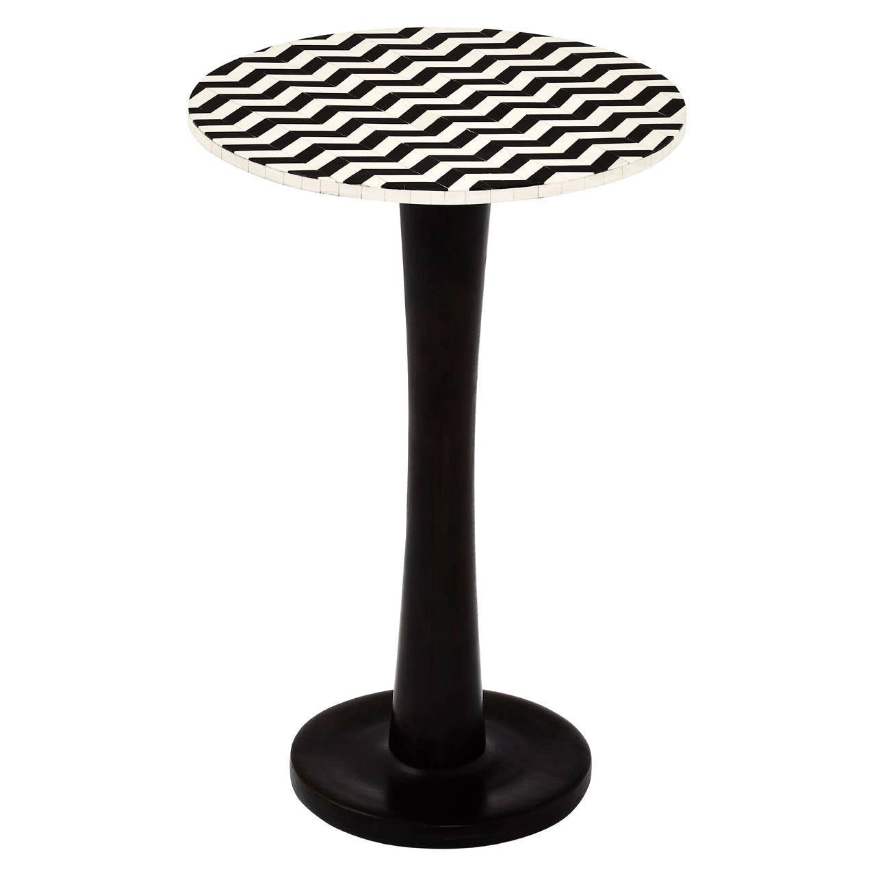 Round side table featuring a mosaic design on the top made of acacia wood, supported by a sleek black pedestal base. The table has a smooth, circular surface with a geometric pattern and a sturdy, rounded base for stability
