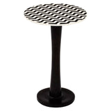 Round side table featuring a mosaic design on the top made of acacia wood, supported by a sleek black pedestal base. The table has a smooth, circular surface with a geometric pattern and a sturdy, rounded base for stability