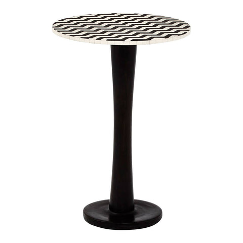 Round side table featuring a mosaic design on the top surface, crafted from acacia wood. The pedestal base is sleek and black, providing a modern contrast to the intricate patterns of the tabletop. The overall design is elegant and suitable for various home decor styles