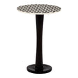 Round side table featuring a mosaic design on the top surface, crafted from acacia wood. The pedestal base is sleek and black, providing a modern contrast to the intricate patterns of the tabletop. The overall design is elegant and suitable for various home decor styles