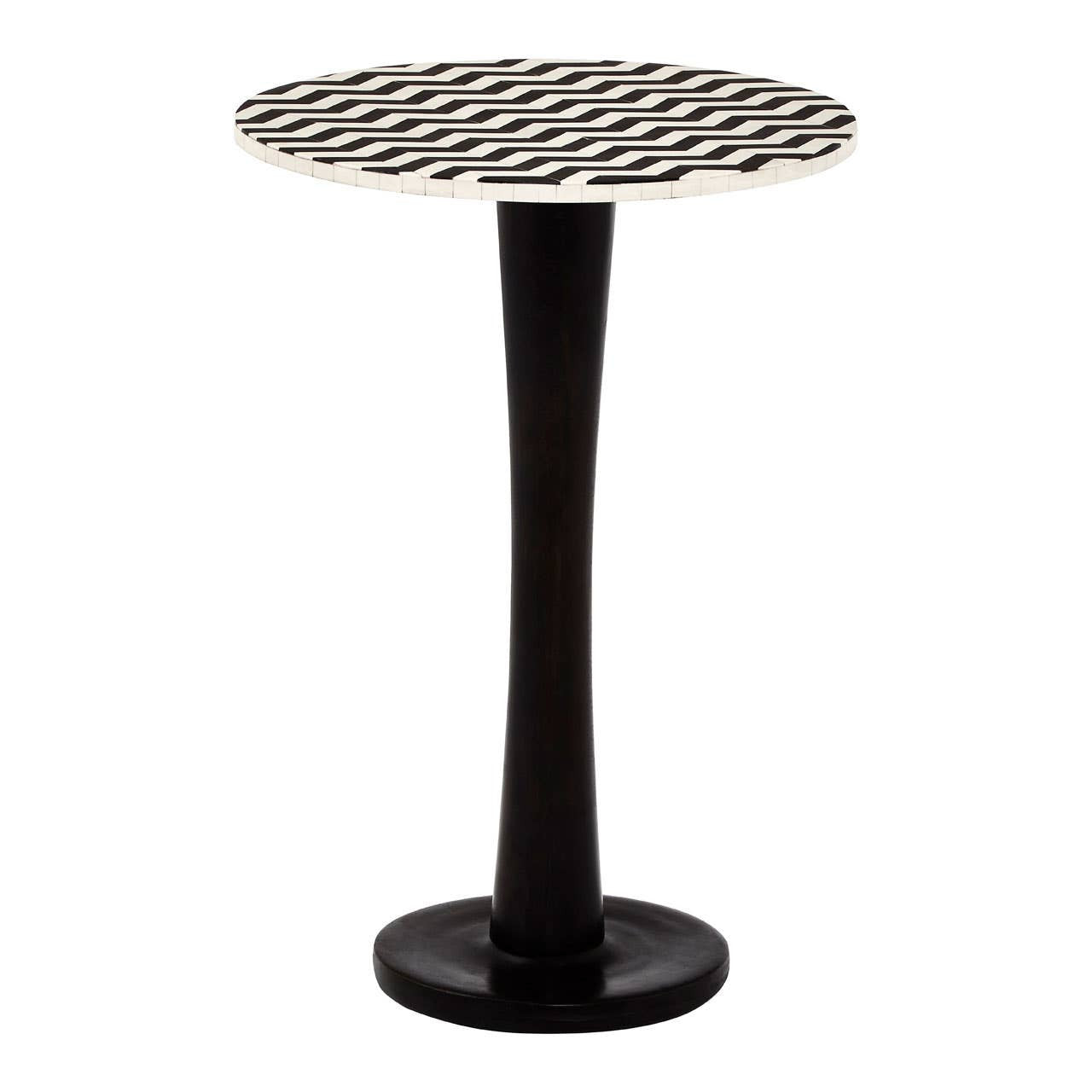 Round side table featuring a mosaic design on the top surface, crafted from acacia wood. The pedestal base is sleek and black, providing a modern contrast to the intricate patterns of the tabletop. The overall design is elegant and suitable for various home decor styles