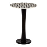 Round side table featuring a mosaic design on the top surface, crafted from acacia wood. The pedestal base is sleek and black, providing a modern contrast to the intricate patterns of the tabletop. The overall design is elegant and suitable for various home decor styles