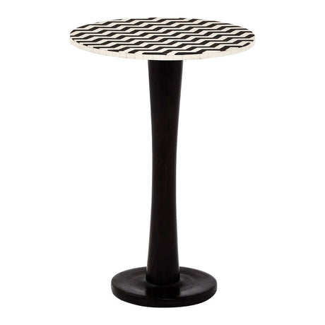 Round side table featuring a mosaic design on the top surface, crafted from acacia wood. The pedestal base is sleek and black, providing a modern contrast to the intricate patterns of the tabletop. The overall design is elegant and suitable for various home decor styles