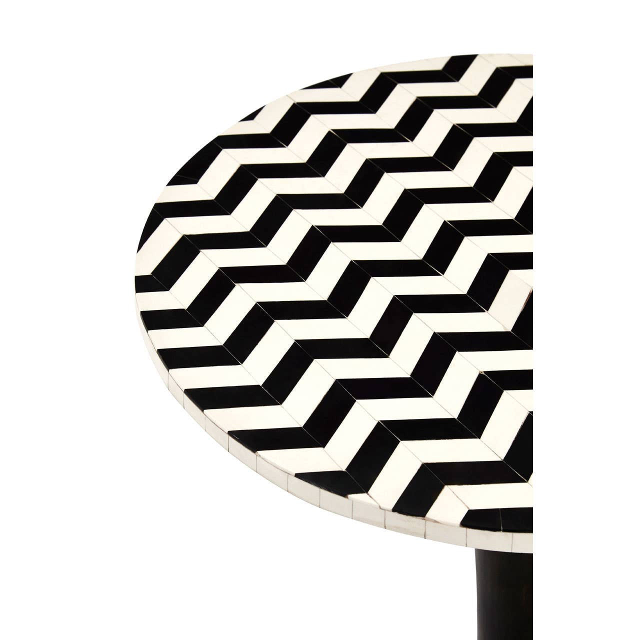 Round side table featuring a mosaic design with a zigzag pattern in black and white, crafted from acacia wood. The table has a sleek pedestal base, emphasizing its modern aesthetic