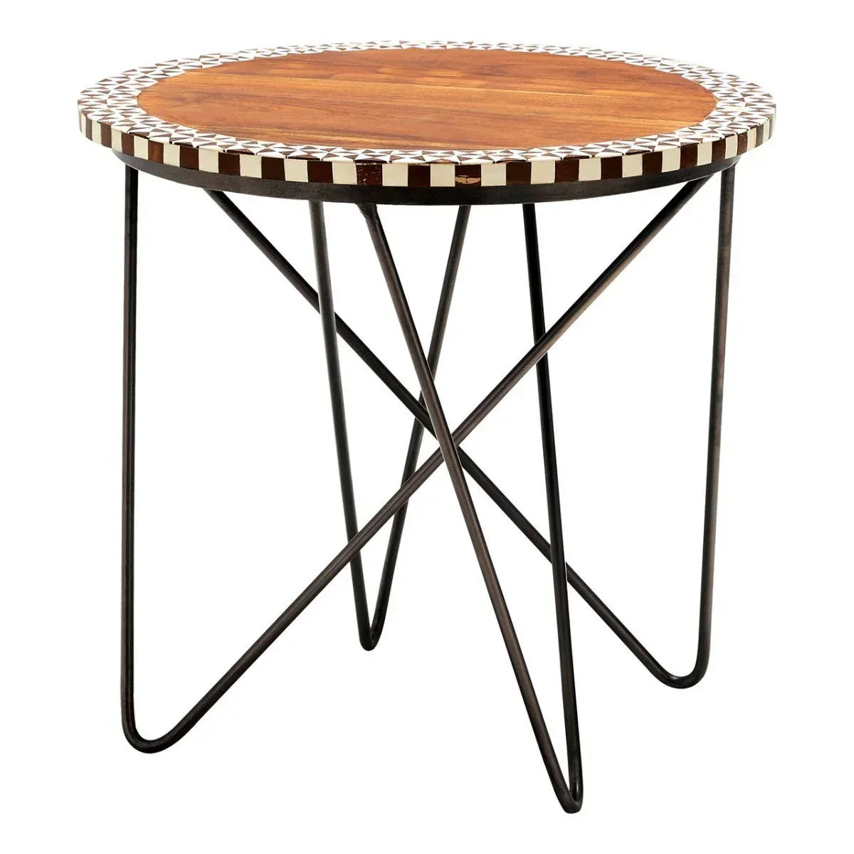 Round side table with wooden top, geometric border, and black metal crossed legs