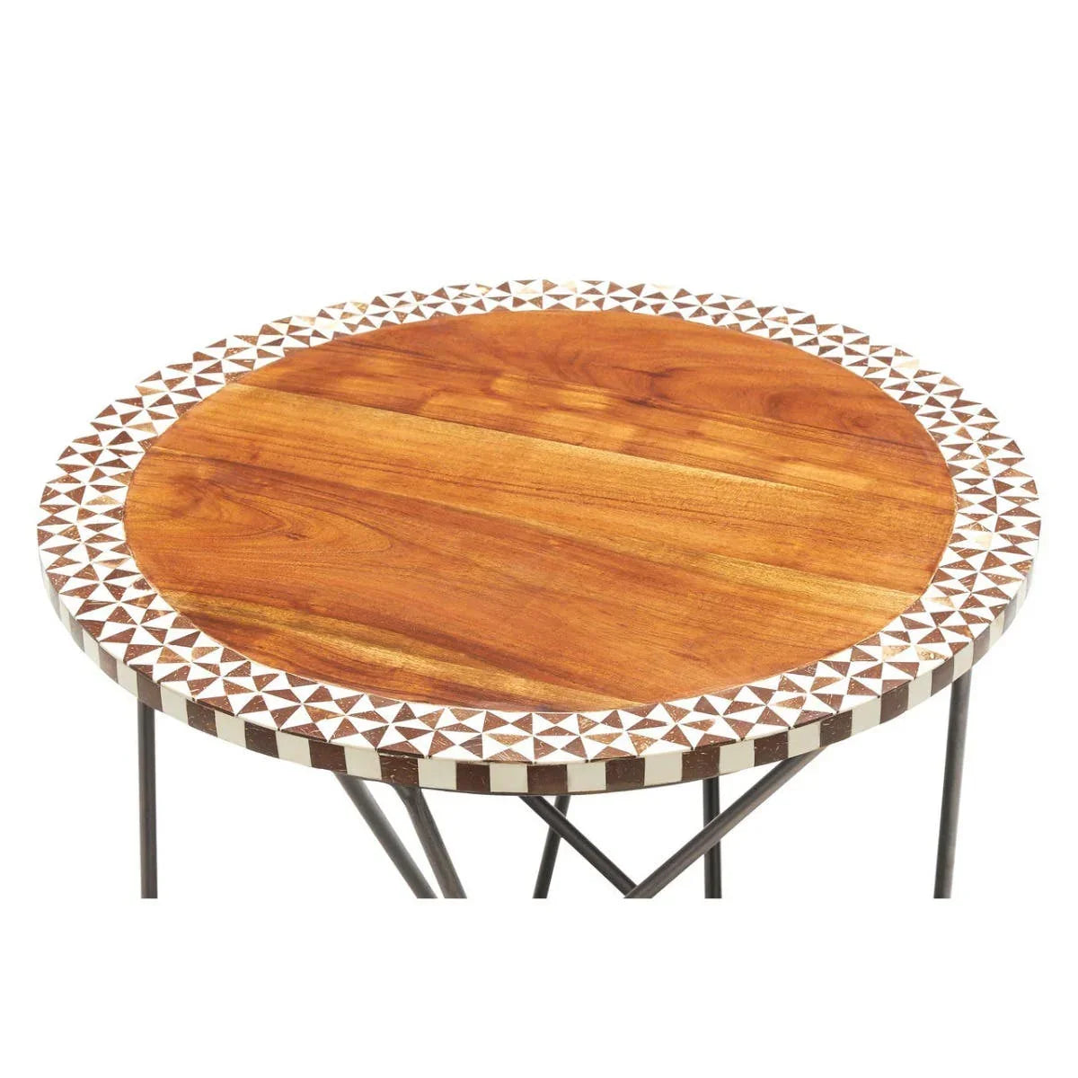 Round wooden side table with mosaic edge and black metal legs