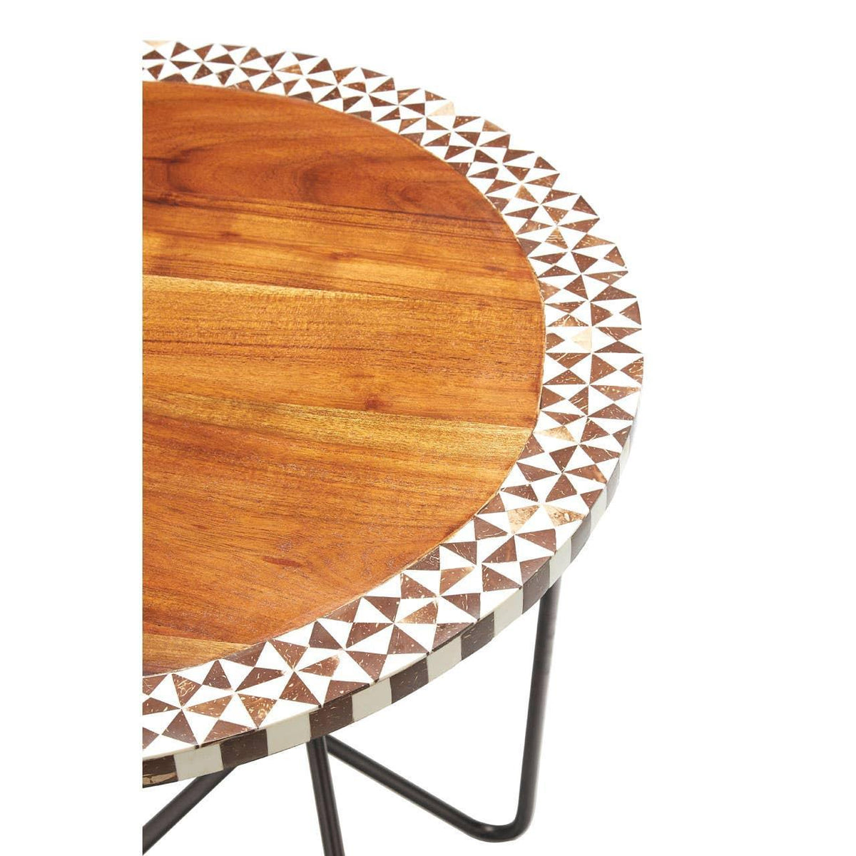 Round acacia wood side table with geometric inlay border and black metal legs