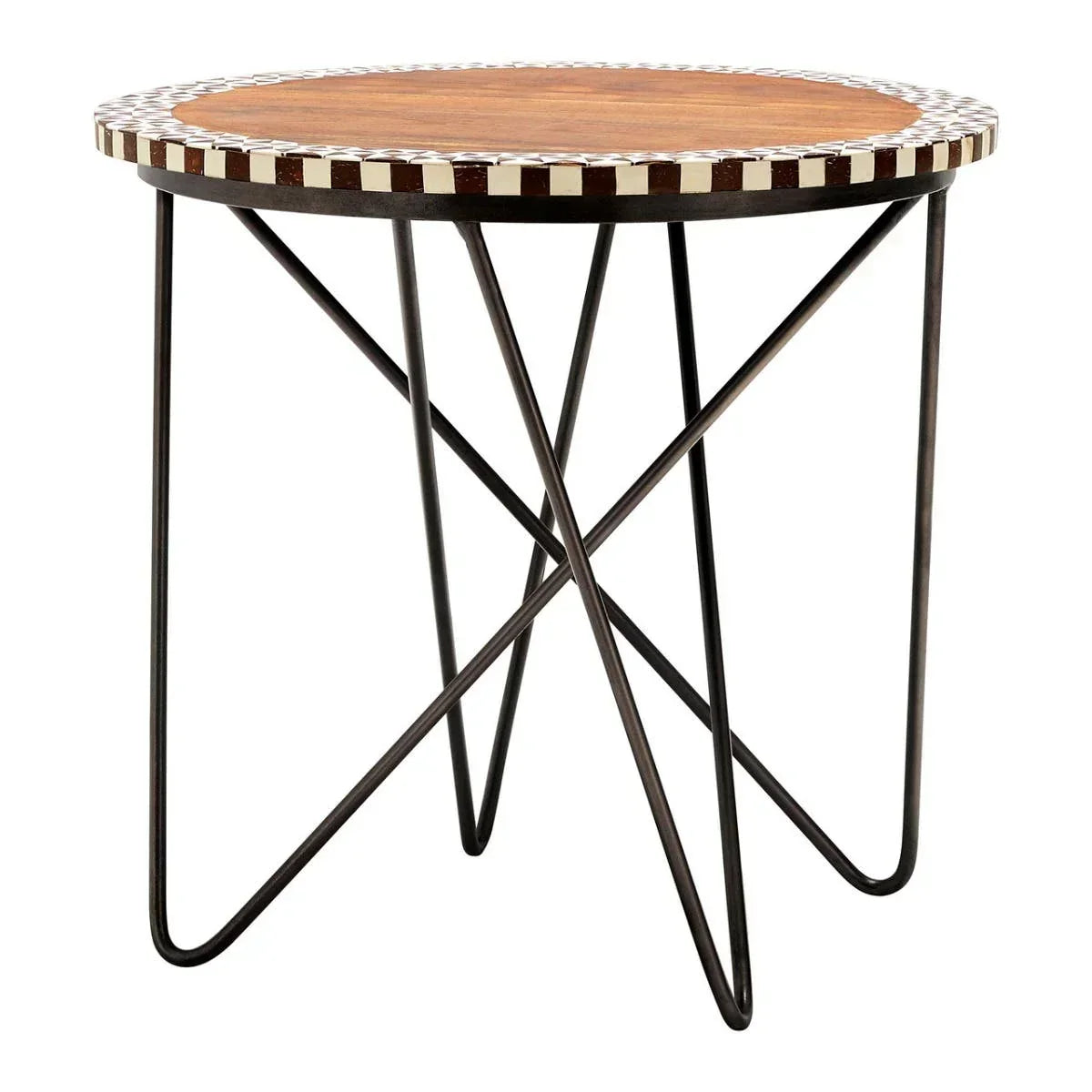 Round wooden side table with metal legs and checkered edge accent