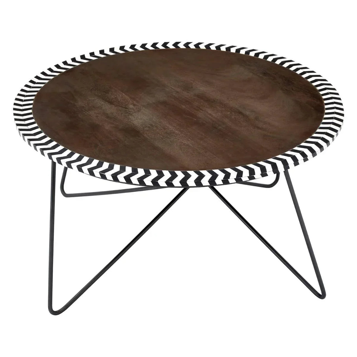 Round coffee table with dark wooden top, black metal legs and black-white chevron edge