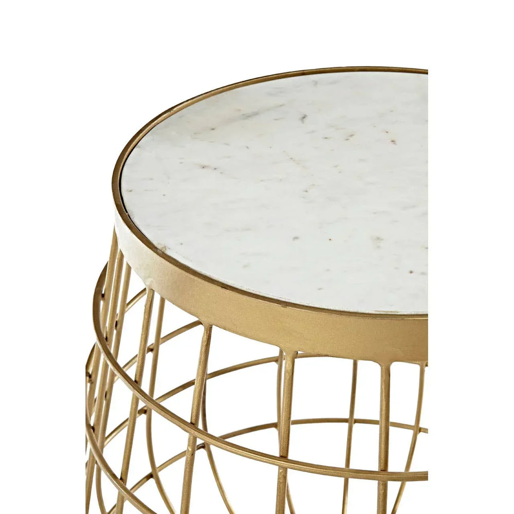 Round marble top side table with gold metal wire base, close up of tabletop and frame