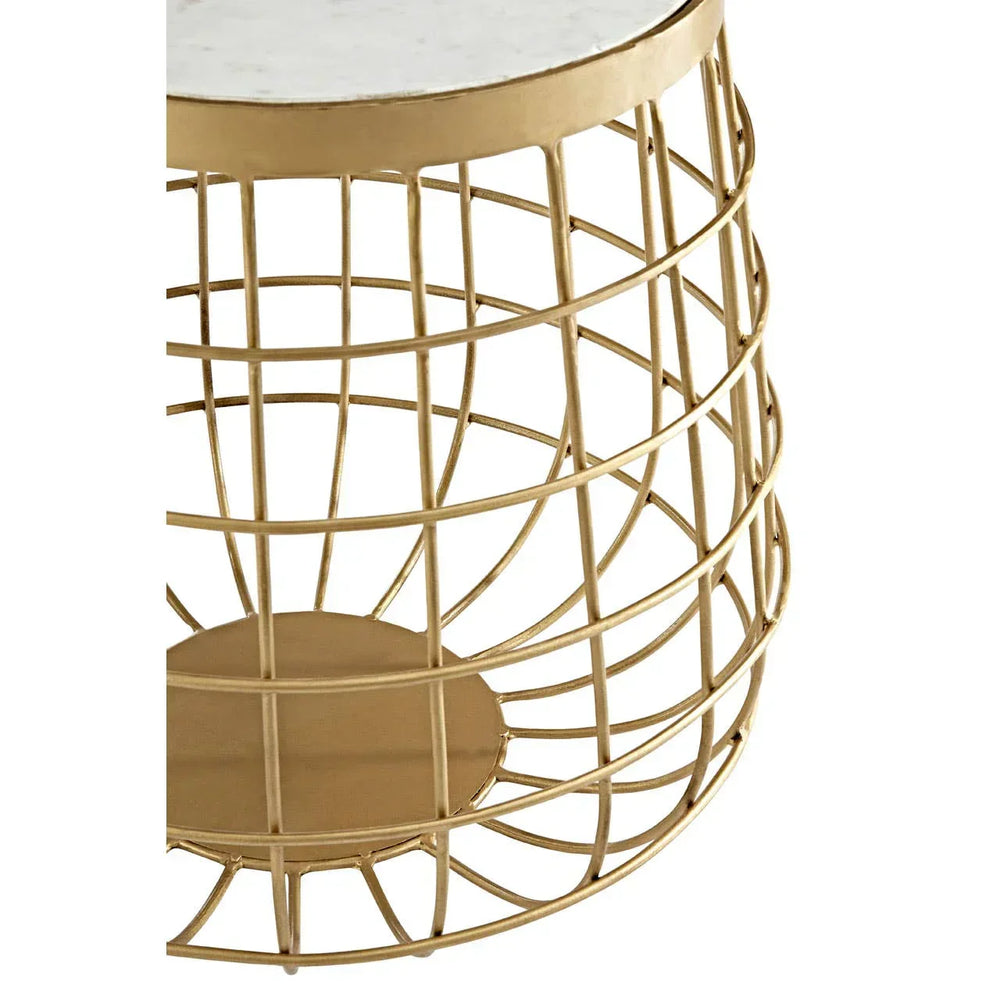 Round gold metal side table with white marble top and open wire frame