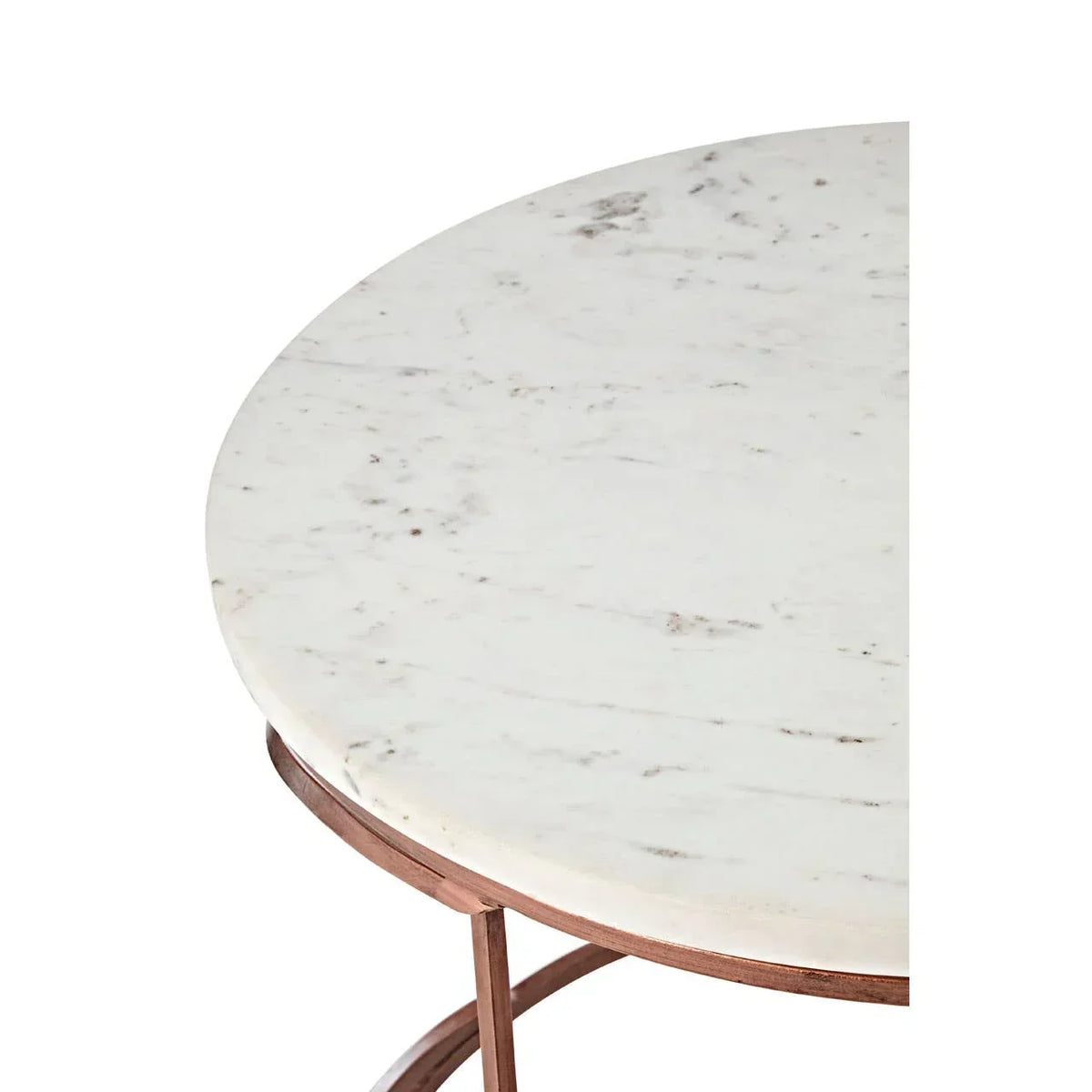 Round marble table top with metal frame and white stone surface