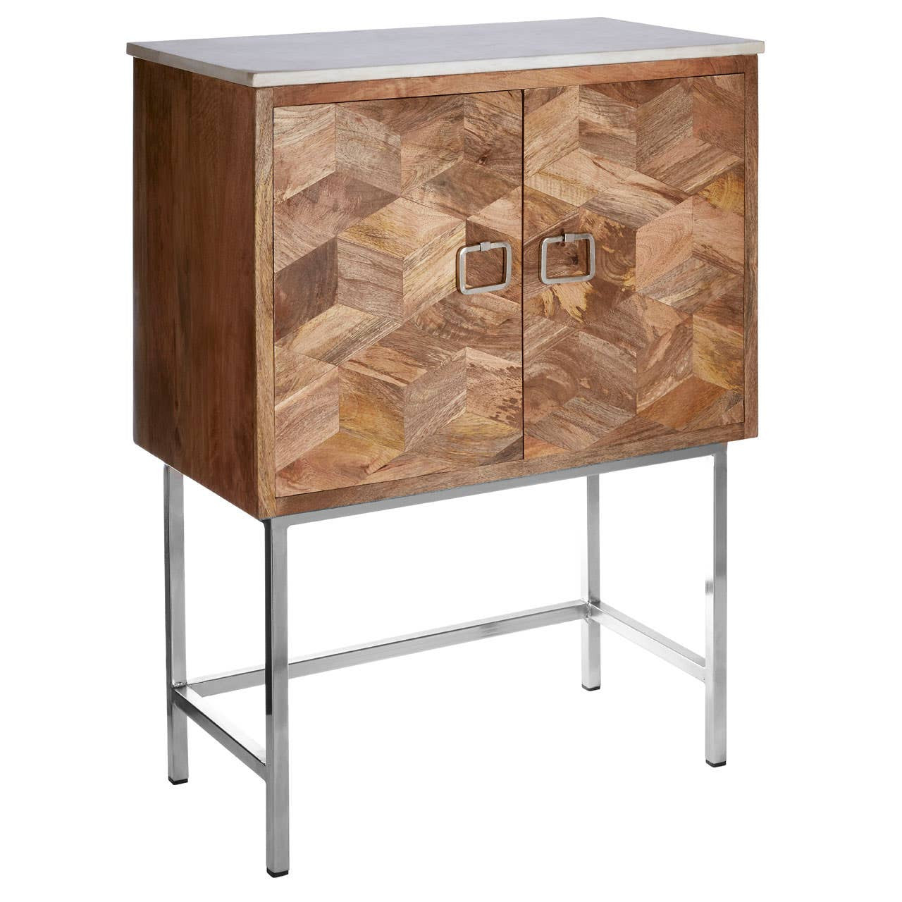 Nirav cabinet featuring a geometric design on the front made of mango wood, with a smooth marble top and sleek metal legs. The cabinet has two doors with a unique pattern and simple metal handles
