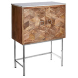 Nirav cabinet featuring a geometric design on the front made of mango wood, with a smooth marble top and sleek metal legs. The cabinet has two doors with a unique pattern and simple metal handles