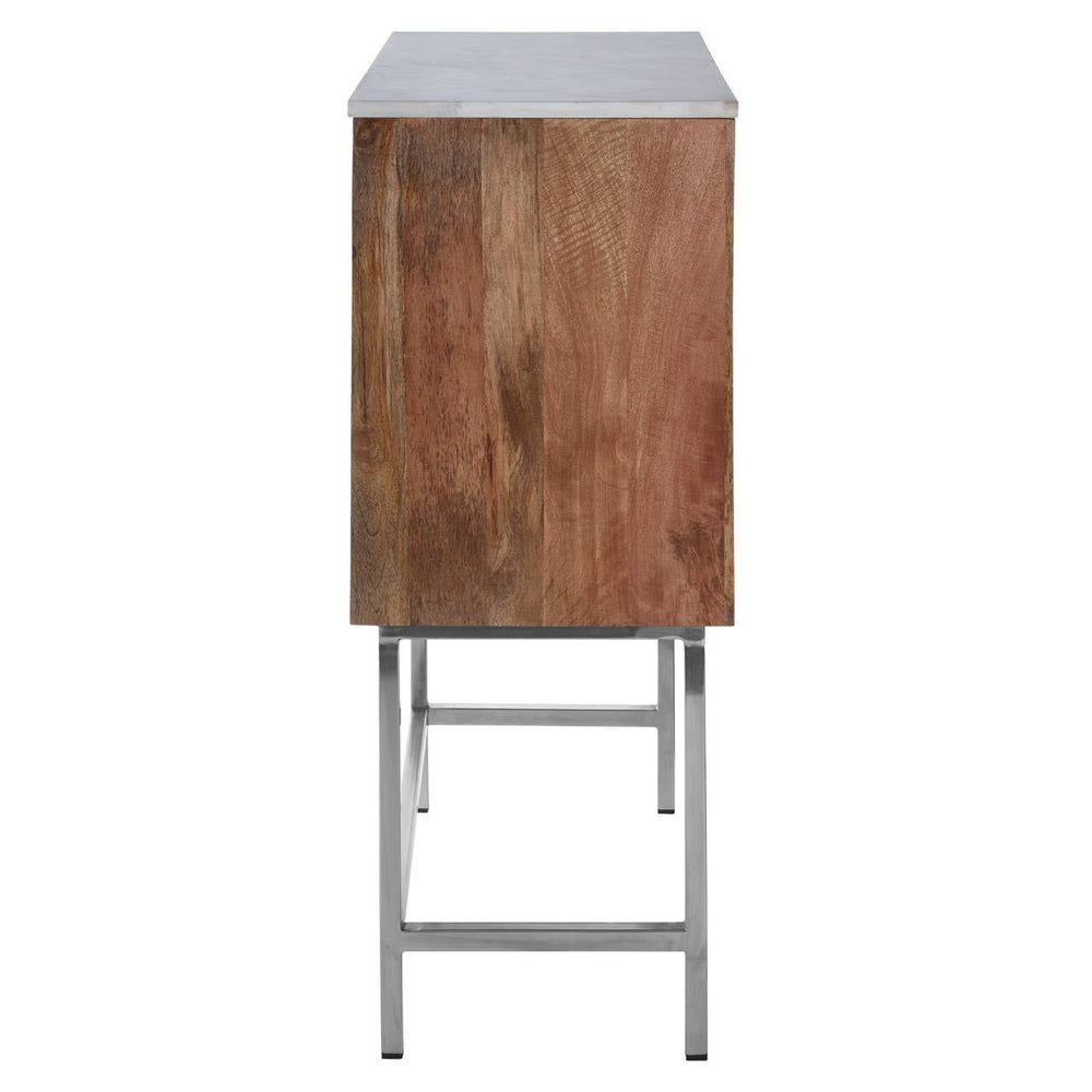 Nirav Marble and Mango Wood Geometric Design Cabinet featuring a sleek geometric design with a smooth marble top and a warm, rich mango wood body. The cabinet stands on slender metal legs, providing a modern and elegant look suitable for various home decor styles