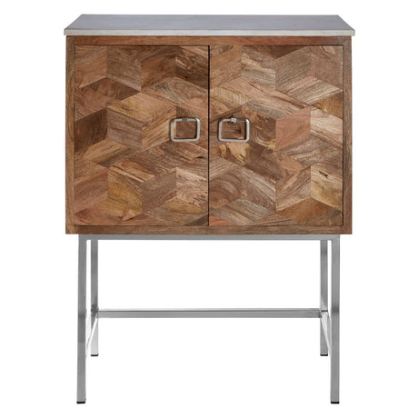 Nirav Marble and Mango Wood Geometric Design Cabinet featuring a geometric pattern on the wooden doors, a sleek marble top, and slender metal legs for a modern look. The cabinet has two doors with decorative handles and a warm wood finish