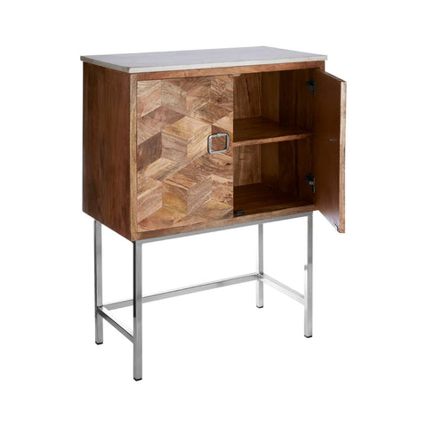 A geometric design cabinet featuring a combination of marble and mango wood, with a rich wood grain pattern. The cabinet has a single door that is partially open, revealing two interior shelves. It stands on sleek metal legs, providing a modern touch to the overall design