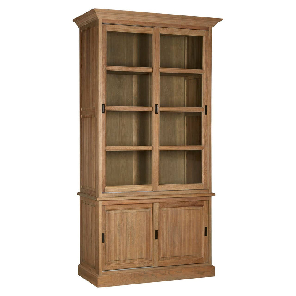 Tall cabinet made of oak wood featuring a washed grey finish, with four glass-paneled shelves on the upper section and two solid doors on the lower section. The cabinet has a classic design with a decorative top and simple hardware