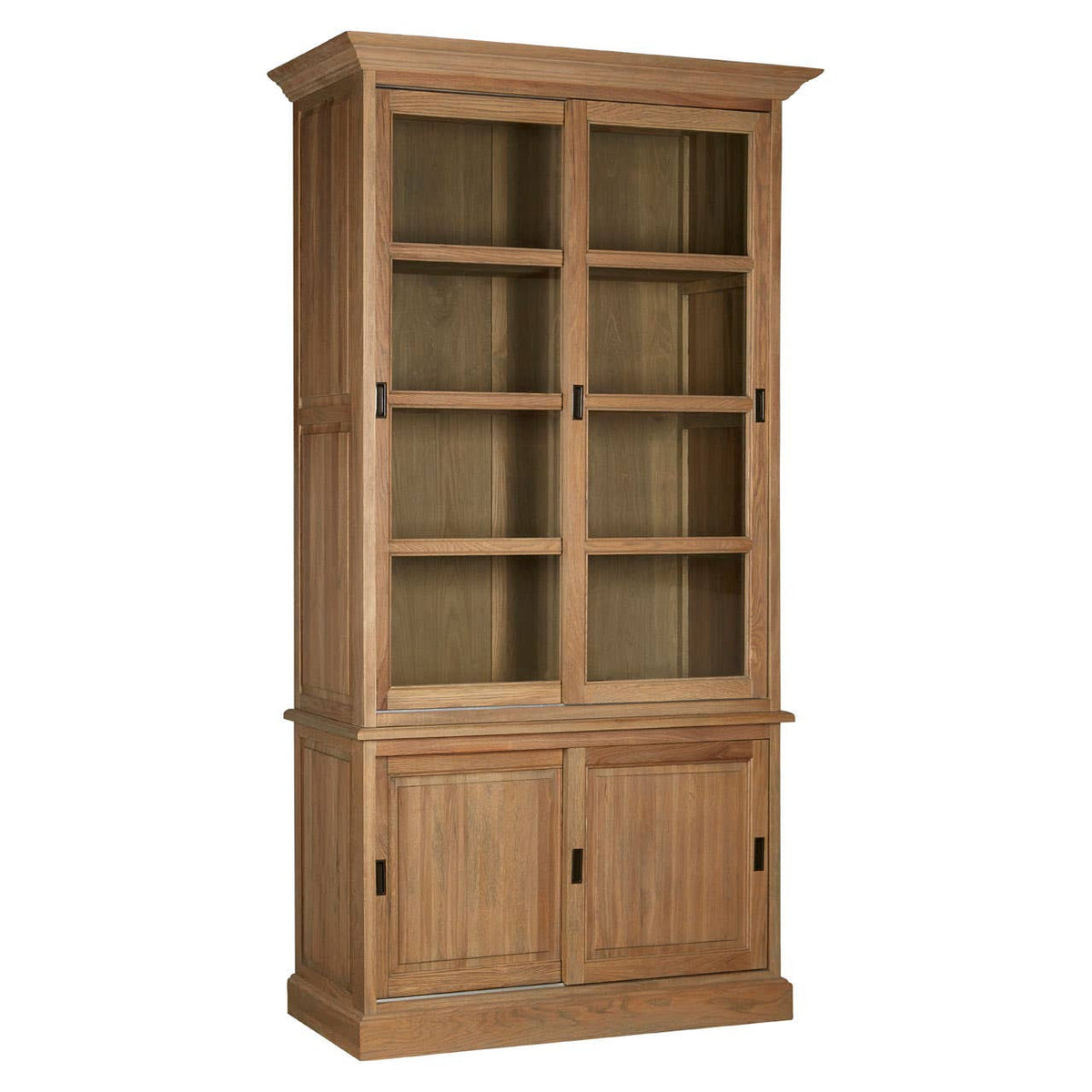 Tall cabinet made of oak wood featuring a washed grey finish, with four glass-paneled shelves on the upper section and two solid doors on the lower section. The cabinet has a classic design with a decorative top and simple hardware