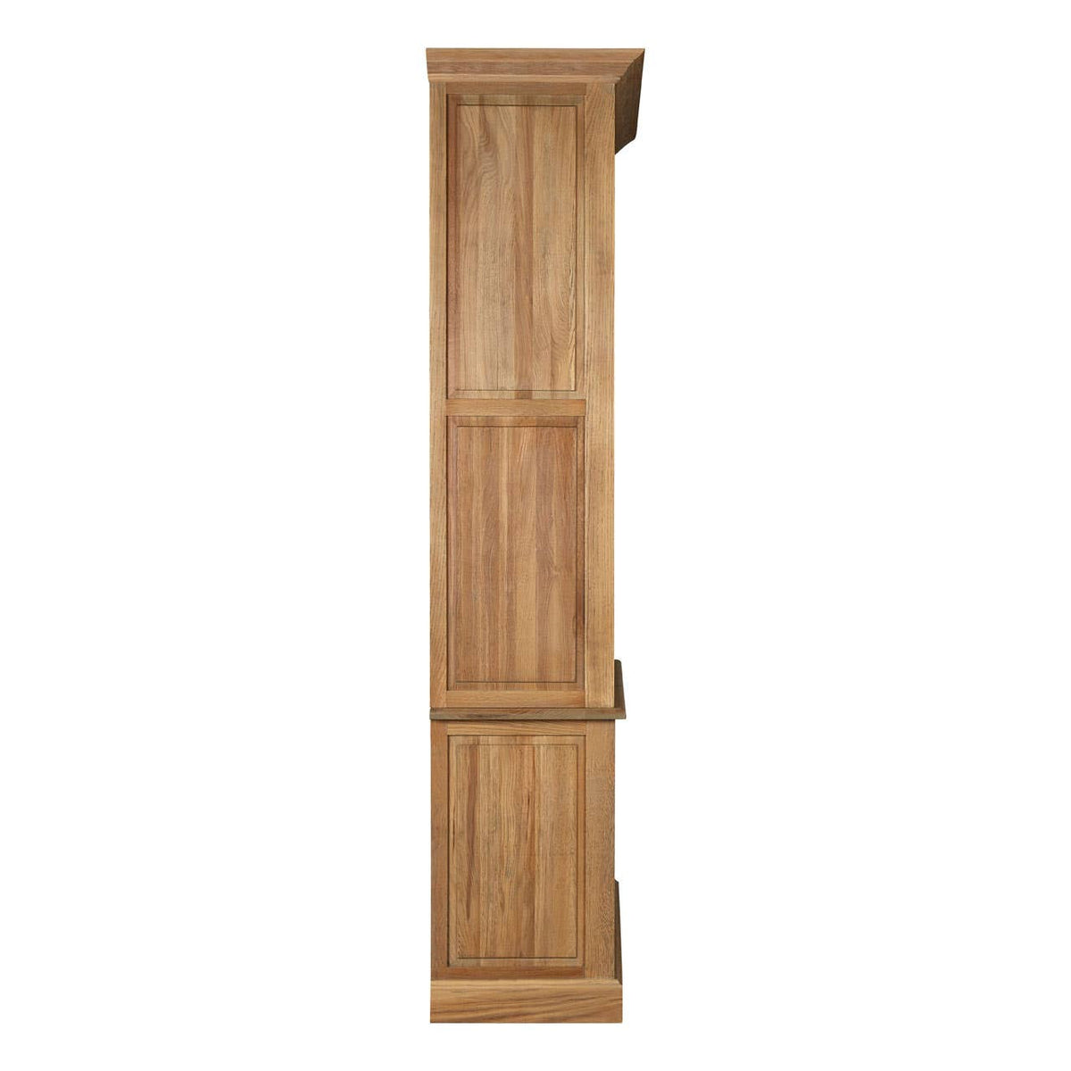Tall cabinet made of oak wood featuring a washed grey finish, showcasing a sleek design with two doors at the bottom and vertical slats on the upper section. The cabinet has a natural wood grain texture and a minimalist aesthetic, suitable for home decor