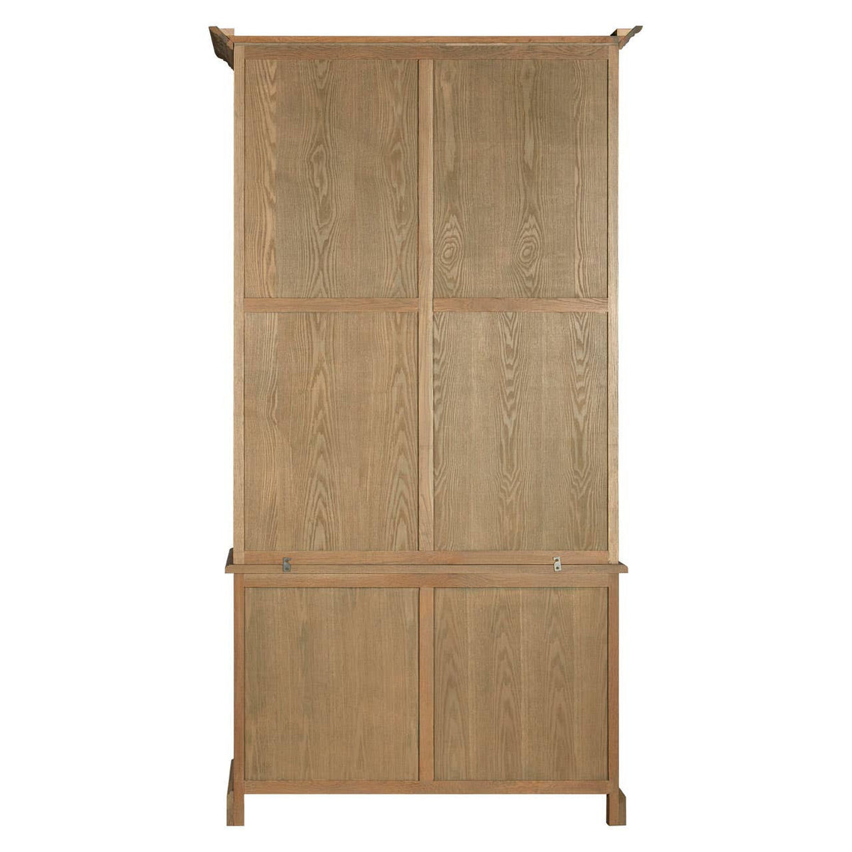 Tall cabinet made of oak wood featuring a washed grey finish, with a symmetrical design and two large doors. The cabinet has a simple, elegant style with subtle detailing at the top and bottom, suitable for various home decor settings