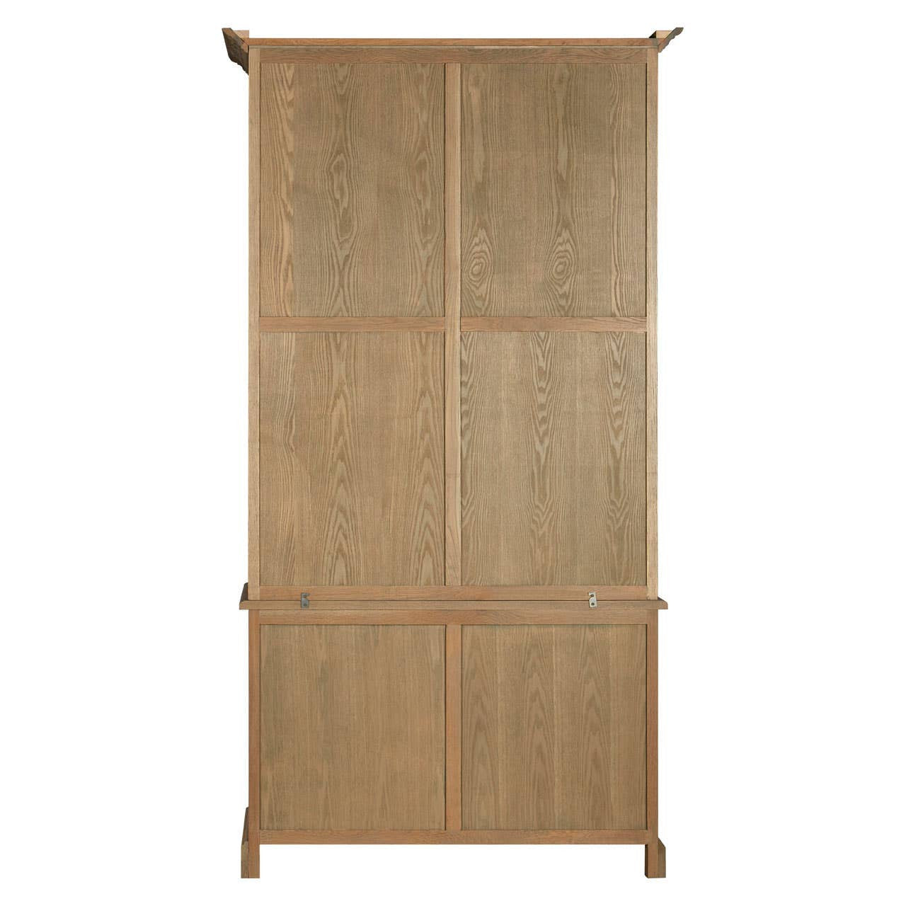 Tall cabinet made of oak wood featuring a washed grey finish, with a symmetrical design and two large doors. The cabinet has a simple, elegant style with subtle detailing at the top and bottom, suitable for various home decor settings