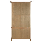 Tall cabinet made of oak wood featuring a washed grey finish, with a symmetrical design and two large doors. The cabinet has a simple, elegant style with subtle detailing at the top and bottom, suitable for various home decor settings