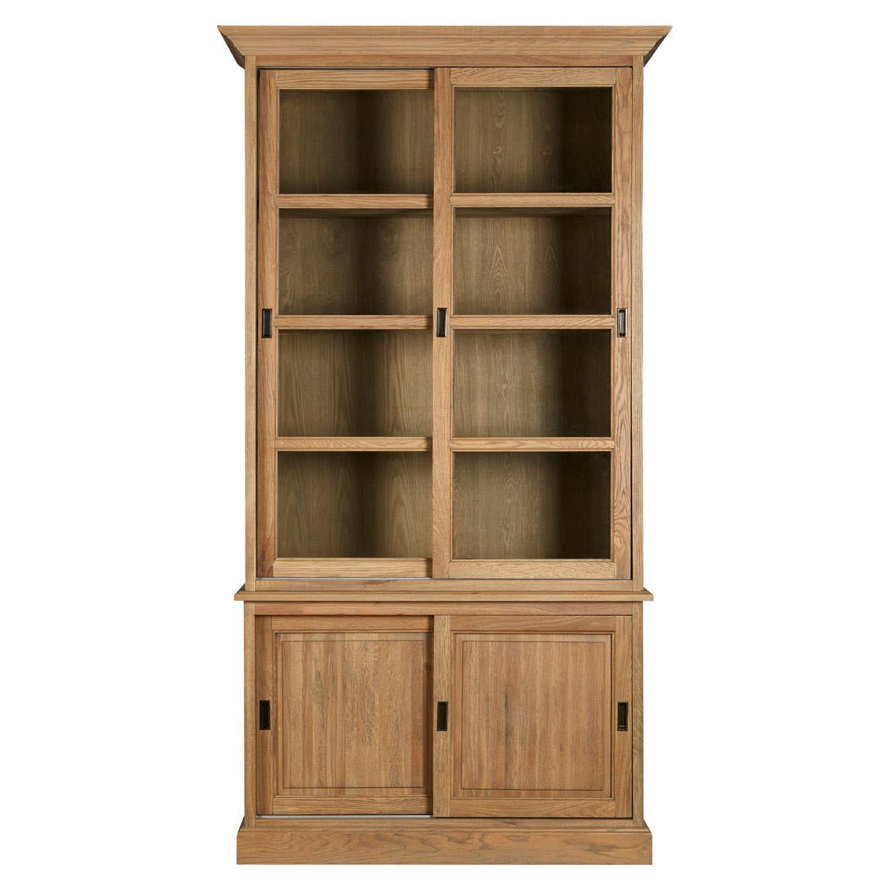 Tall cabinet made of oak wood with a washed grey finish, featuring two glass-paneled doors at the top with four shelves inside, and two solid doors at the bottom with a textured wood appearance. The cabinet has a classic design with a crown molding top and a sturdy base