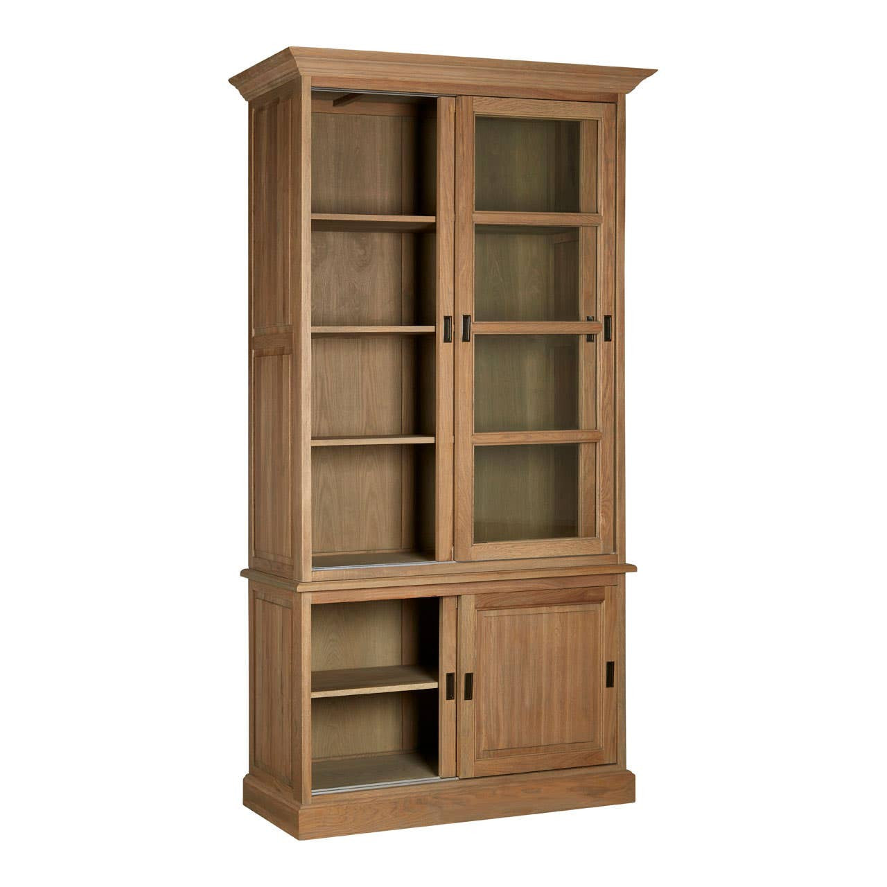 Tall cabinet made of oak wood featuring a washed grey finish, with two glass-paneled doors at the top and a solid door at the bottom. The cabinet has multiple shelves visible through the glass doors, providing ample storage space. The design includes a decorative crown molding at the top and a simple, elegant base
