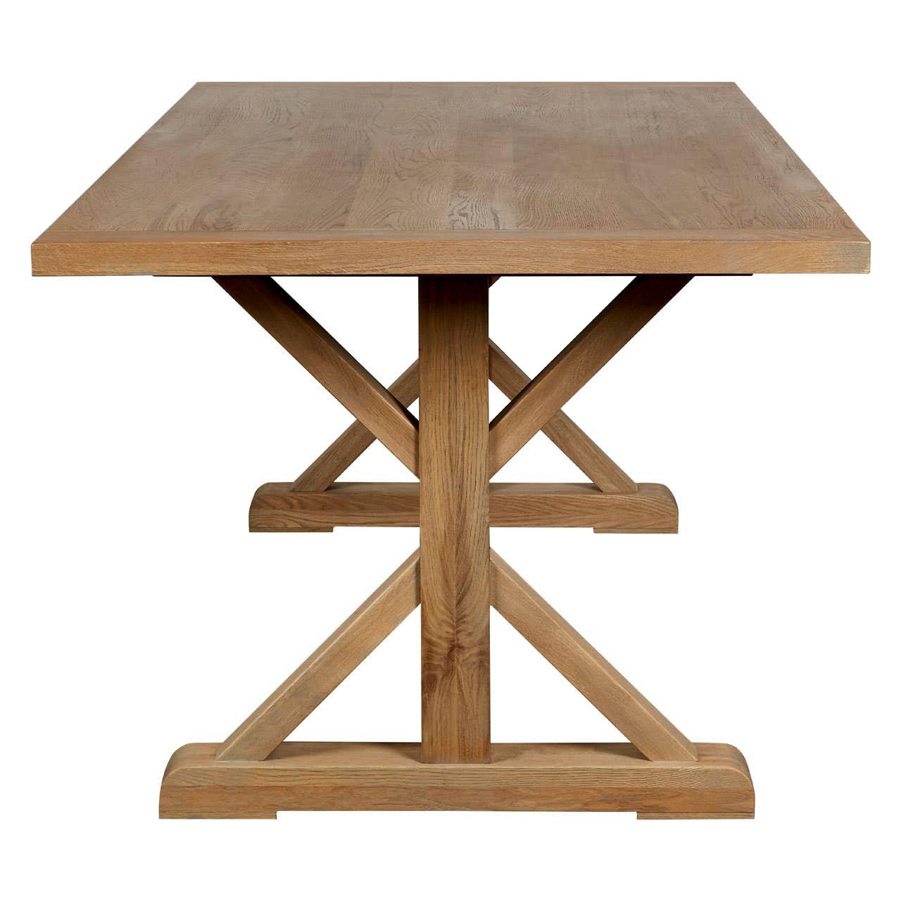 Solid oak dining table with rectangular top and cross-style pedestal base, front view
