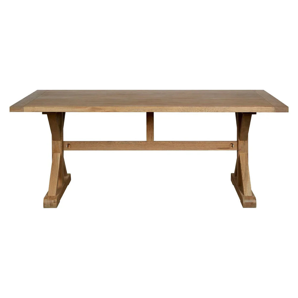 Rectangular oak dining table with trestle base, viewed from the front on white background