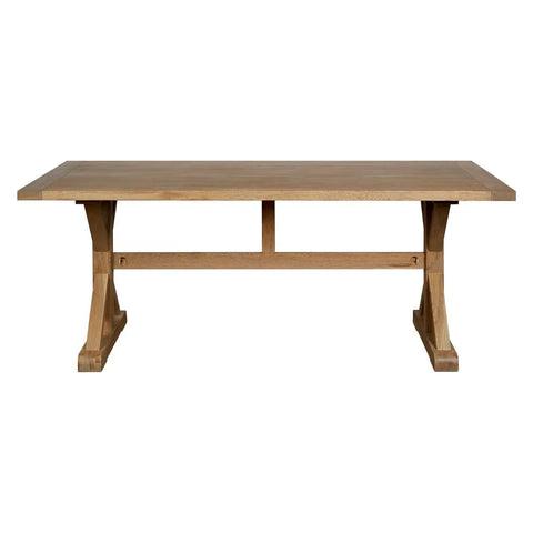 Rectangular oak dining table with trestle base, viewed from the front on white background