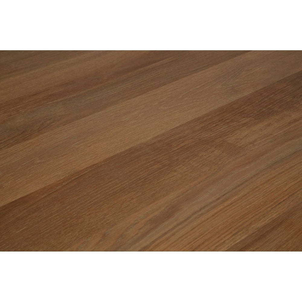 Close-up of oak dining table top with visible wood grain texture and smooth finish