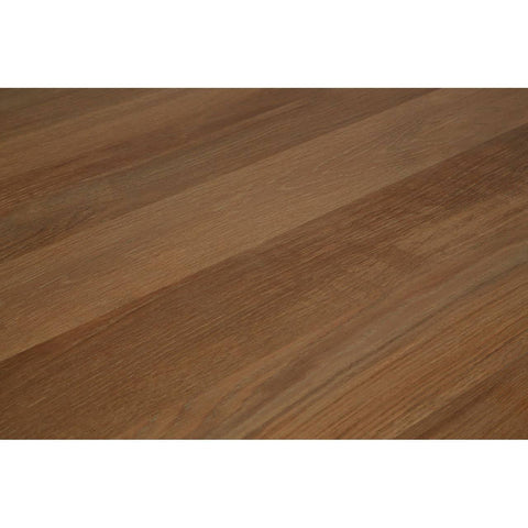 Close-up of oak dining table top with visible wood grain texture and smooth finish