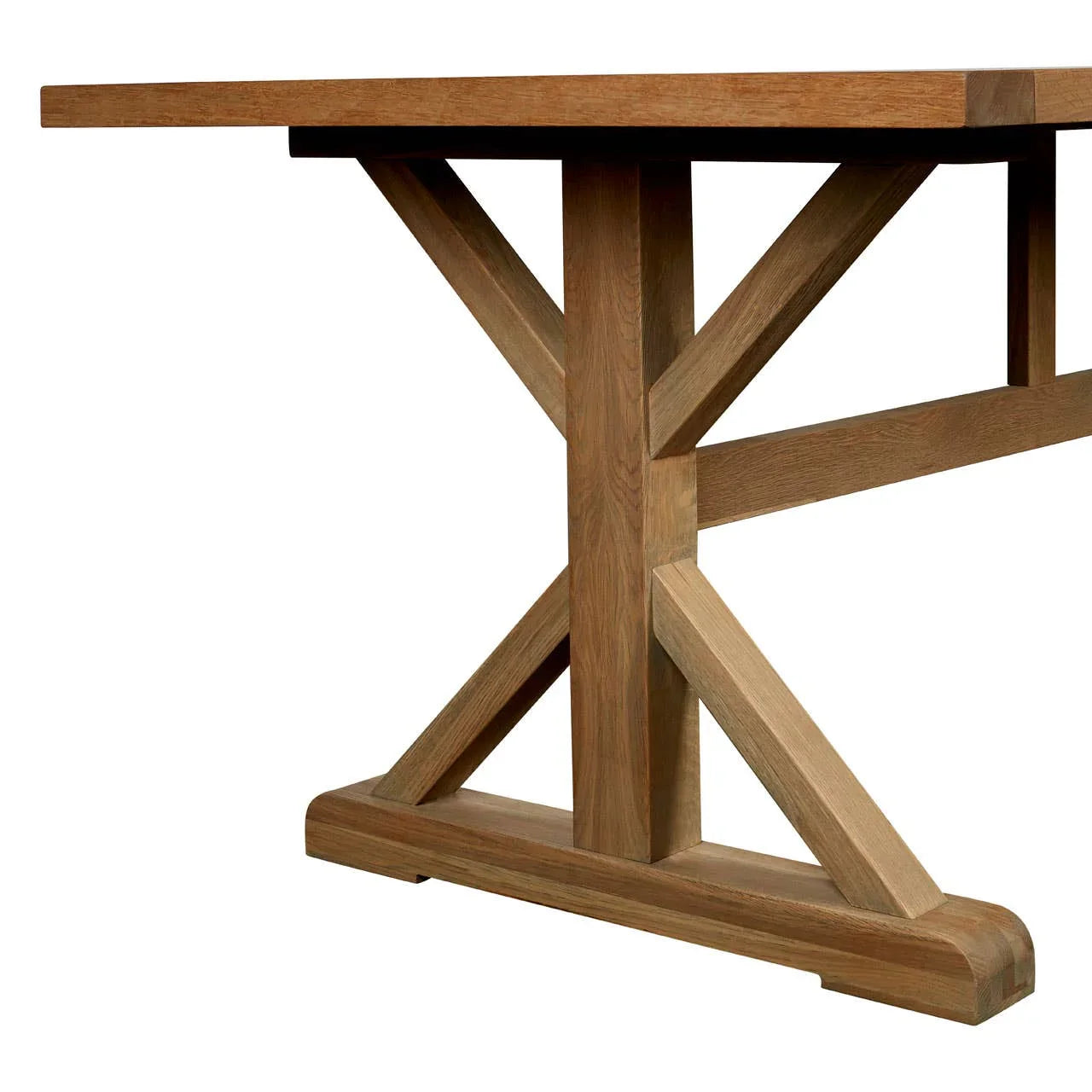 Solid wood dining table with trestle base and natural oak finish, side angle view